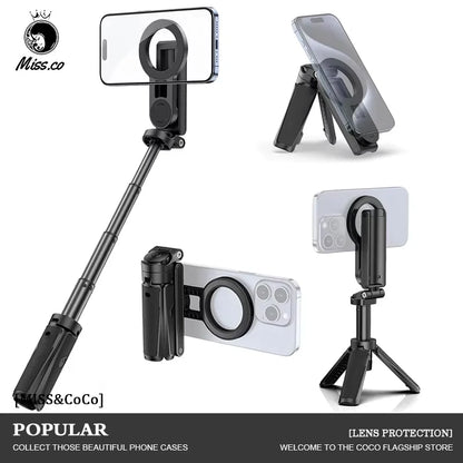 Trépied de téléphone magnétique sans fil, poignée de téléphone, perche à Selfie, trépied de bureau pour iPhone 16 15 14 13 12 Pro Max pour support de téléphone Samsung