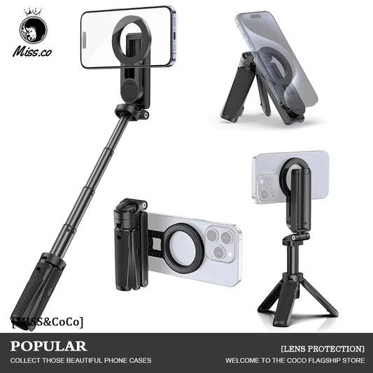 Trépied de téléphone magnétique sans fil, poignée de téléphone, perche à Selfie, trépied de bureau pour iPhone 16 15 14 13 12 Pro Max pour support de téléphone Samsung