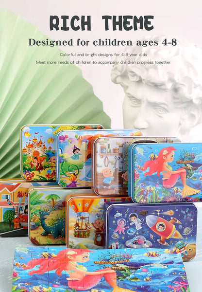 Puzzle de dessin animé 60 pièces avec boîte en métal, Puzzle de véhicule Animal d'éducation précoce pour enfants, jeu d'interaction Parent-enfant