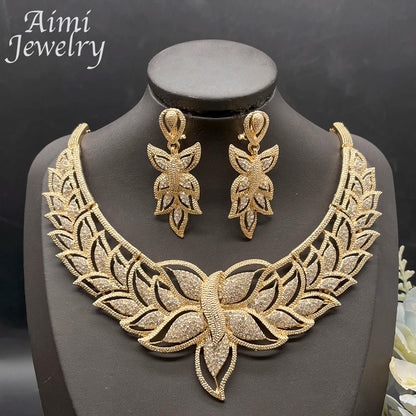 Ensemble de bijoux de luxe plaqué or 18 carats pour femmes, 4 pièces, collier, boucle d'oreille, Bracelet, bague, cadeaux de fête de mariage de mariée africaine