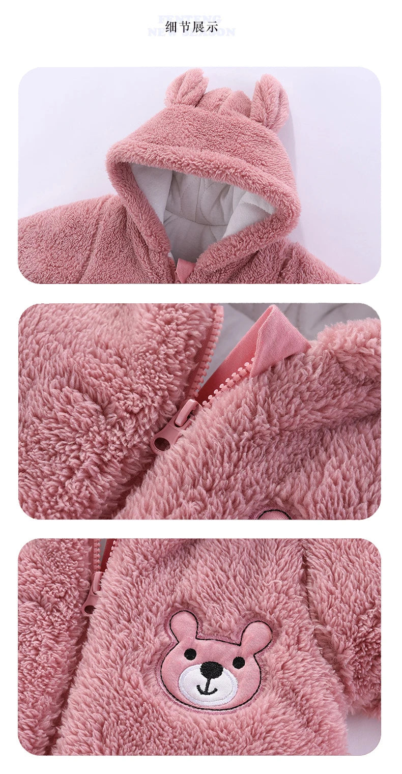 Barboteuse pour nouveau-né, ours en peluche mignon, garçon, automne hiver, garde au chaud, à capuche, combinaison globale pour nourrissons filles, vêtements d'extérieur