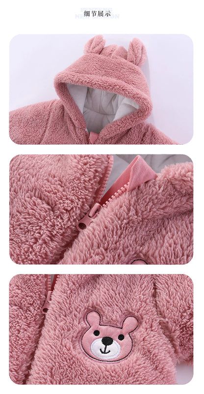 Barboteuse pour nouveau-né, ours en peluche mignon, garçon, automne hiver, garde au chaud, à capuche, combinaison globale pour nourrissons filles, vêtements d'extérieur