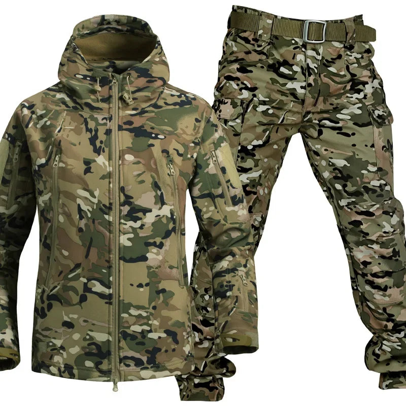 Combinaison camouflage épaisse pour hommes, ensemble d'entraînement tactique imperméable, veste à capuche multi-poches, pantalon polaire, chasse en plein air, 2 pièces, hiver