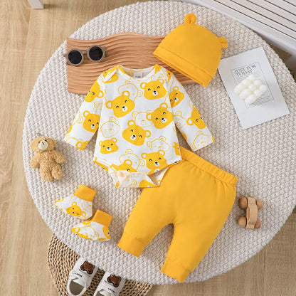 Ensemble de Vêtements pour Bébé Garçon de 0 à 9 Mois, Tenue à Manches sulf, Pantalon, Chapeau et Chaussettes, 4 Pièces/Ensemble, Printemps Automne