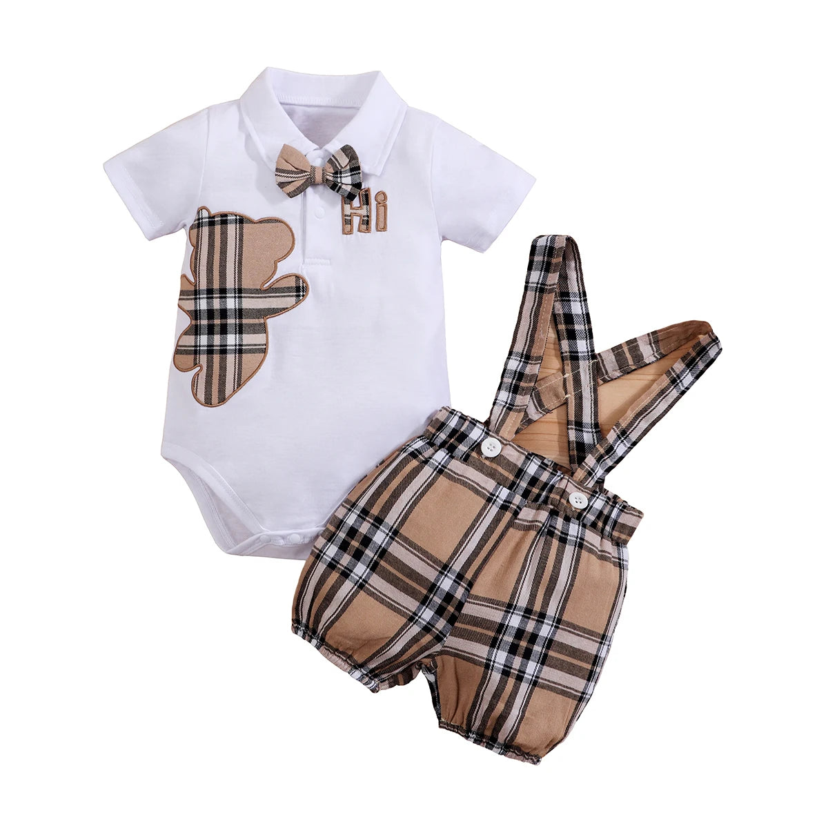 IURNXB – ensemble de vêtements pour bébé, 2 pièces, manches courtes, body ours à carreaux + pantalon à bretelles, tenues pour nouveau-né de 1 à 18 mois