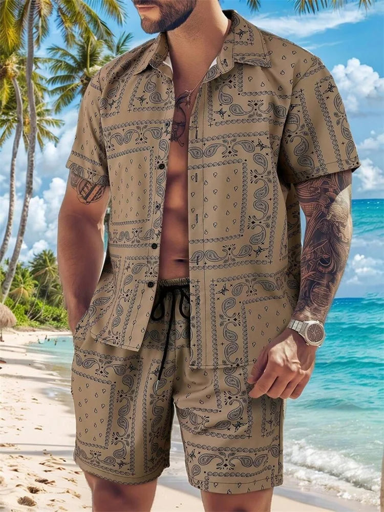 2025 Chemise à manches courtes pour hommes avec motif rétro imprimé bleu pour des vacances d'été décontractées, à la mode et quotidiennes