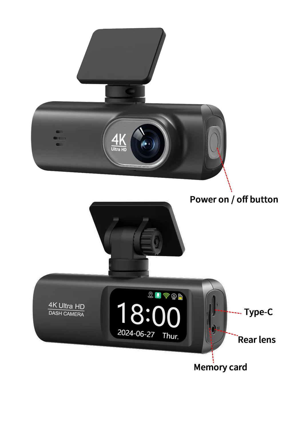 UHD 4K WiFi Dash Cam double objectif enregistreur de conduite voiture DVR en option 1080P caméra à objectif arrière GPS 24H surveillance du stationnement boîte noire