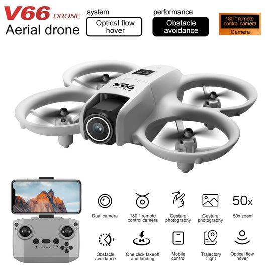 V66 Mini Drone 4K professionnel double caméra Mode sans tête évitement d'obstacles WiFi FPV Dron 360 °   Jouets quadrirotor RC à rabat pour enfants