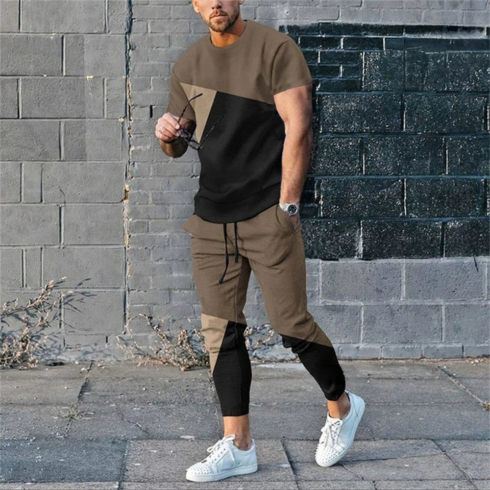 Ensemble de survêtement à manches courtes pour hommes, t-shirt décontracté, olympiques Y-pantalon, vêtements à col rond, mode sportive, fjCasual, 2 pièces