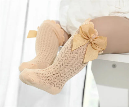 Chaussettes d'été en coton pour bébé fille de 0 à 24 mois, avec nœud en maille et dentelle, aux genoux, pour nouveau-né, princesse, longues, nouvelle collection 2024