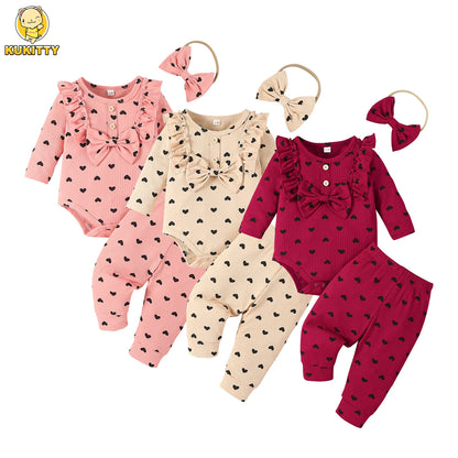 Kukitty – ensemble de vêtements 3 pièces pour nouveau-né fille, barboteuse à manches longues, imprimé cœur, haut et pantalon, bandeau, tenues en tricot
