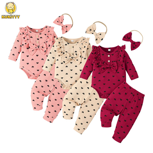 Kukitty – ensemble de vêtements 3 pièces pour nouveau-né fille, barboteuse à manches longues, imprimé cœur, haut et pantalon, bandeau, tenues en tricot