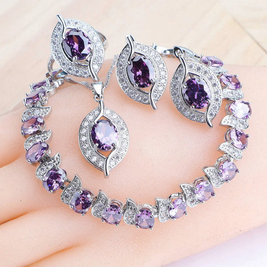 Ensemble de bijoux en argent Zircon violet 925, boucles d'oreilles de mariée, bracelets à breloques pour femmes, bague, pendentif, collier, bijoux de mariage