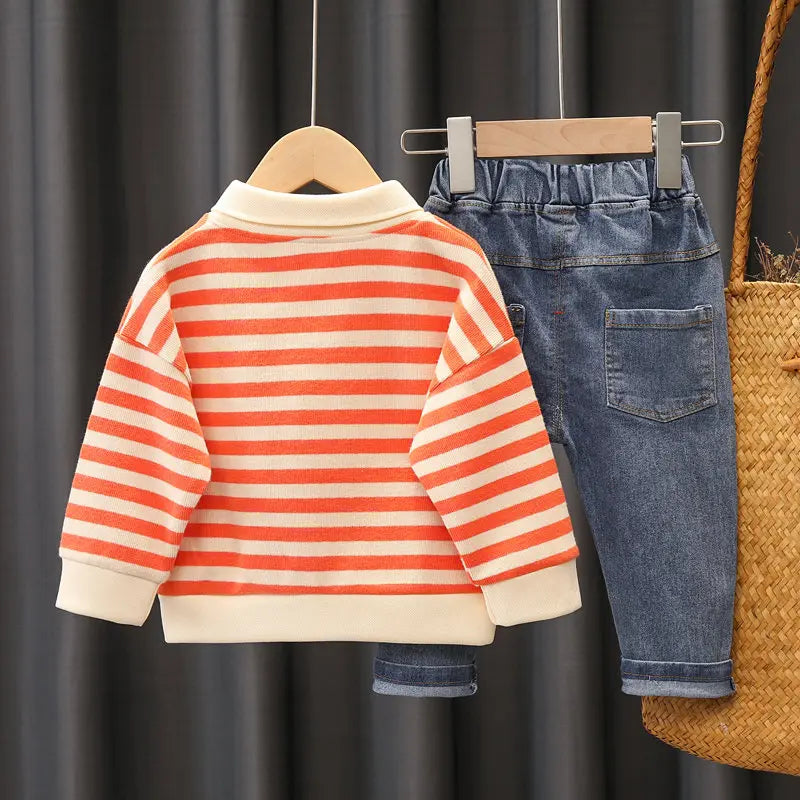 Ensemble de 2 pièces de vêtements de sport décontractés pour enfants, sweats à capuche à bandes, jeans pour garçons, survêtements pour enfants, tenue de printemps et d'automne, 0 à 5 ans, nouveau