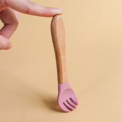 2 pièces/ensemble vaisselle bébé cuillère fourchette ensemble enfants Silicone bois alimentation formation bébé vaisselle couverts bébé alimentation fournitures