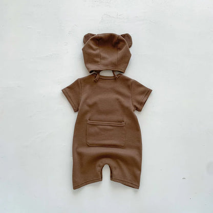 Combinaison d'été pour bébés filles et garçons, manches courtes, Patch gaufré, ours, nouveau-né, barboteuse en coton, chapeau cadeau avec oreille, nouvelle collection