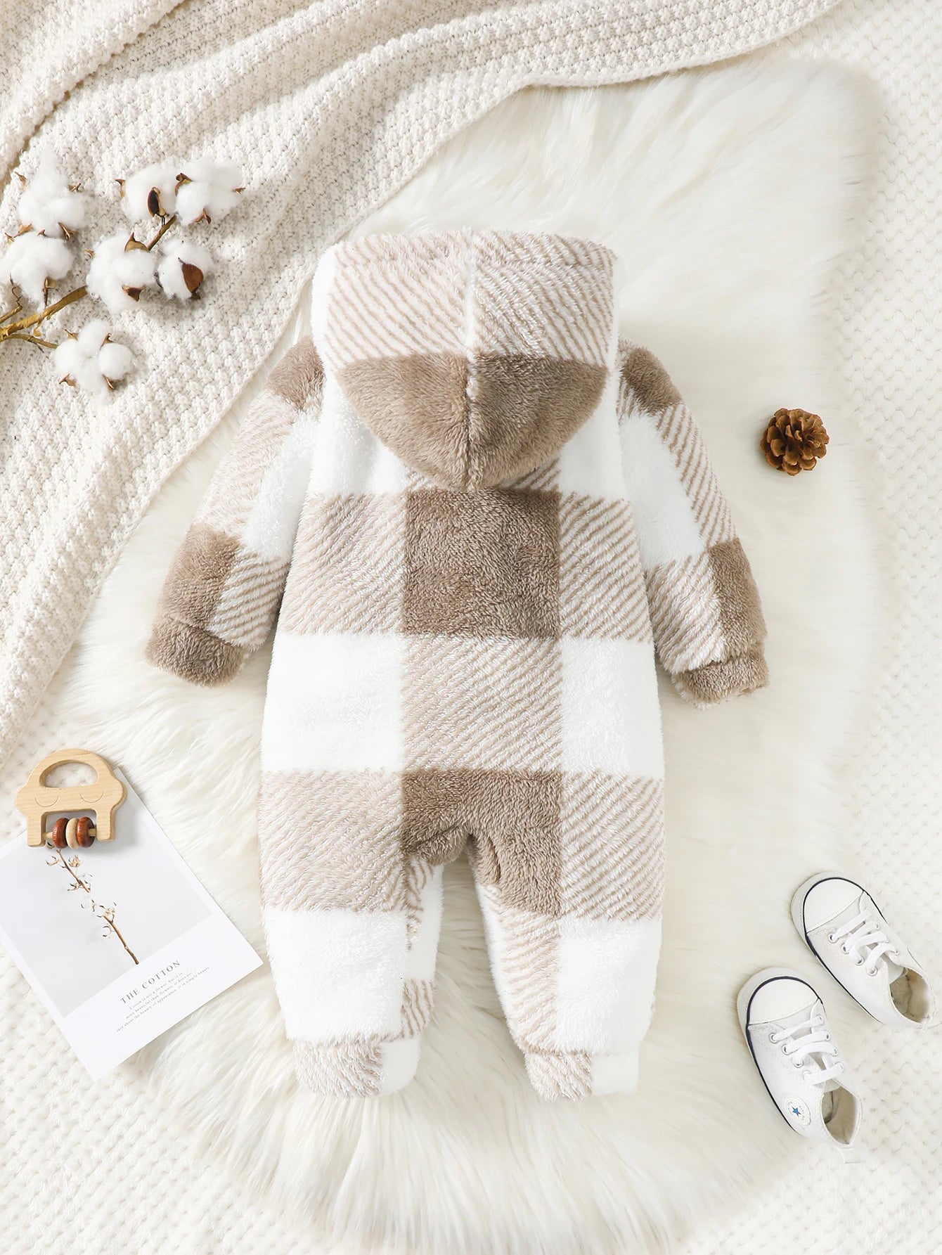 Barboteuse à carreaux pour bébés garçons et filles, combinaison à capuche et manches longues en peluche, vêtements chauds d'hiver pour tout-petits garçons de 3 à 24 mois