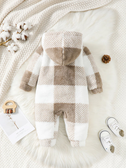 Barboteuse à carreaux pour bébés garçons et filles, combinaison à capuche et manches longues en peluche, vêtements chauds d'hiver pour tout-petits garçons de 3 à 24 mois