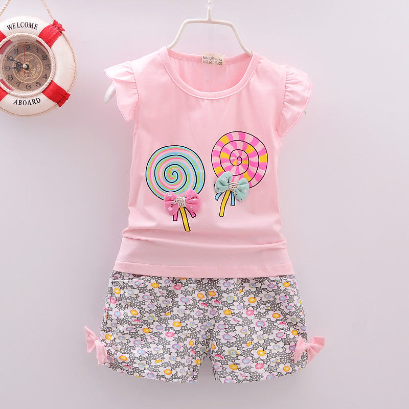 Nouveau bébé filles vêtements ensembles été enfants t-shirts hauts + pantalons courts vêtements costume enfant en bas âge fille sucette imprimé ensembles de vêtements pour bébés