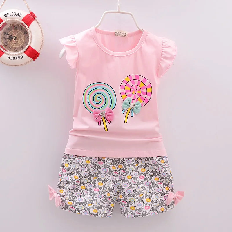 Nouveau bébé filles vêtements ensembles été enfants t-shirts hauts + pantalons courts vêtements costume enfant en bas âge fille sucette imprimé ensembles de vêtements pour bébés