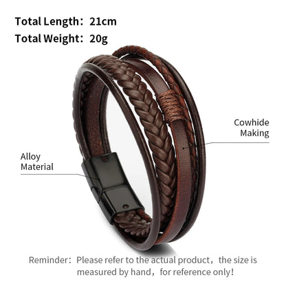 Bracelets en cuir pour hommes, en acier inoxydable, multicouches, en corde tressée, bijoux cadeaux, 21CM