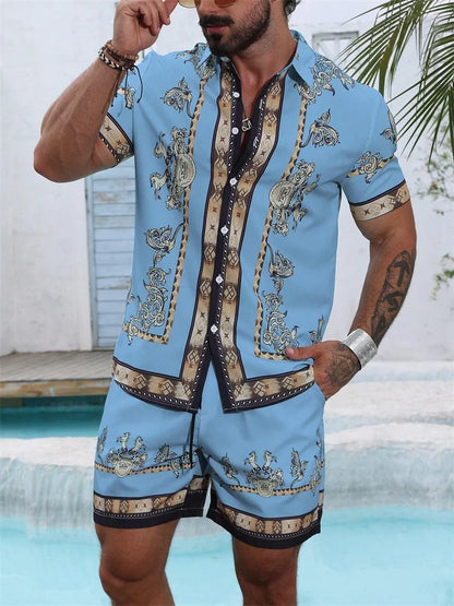 2025 Chemise à manches courtes pour hommes avec motif rétro imprimé bleu pour des vacances d'été décontractées, à la mode et quotidiennes