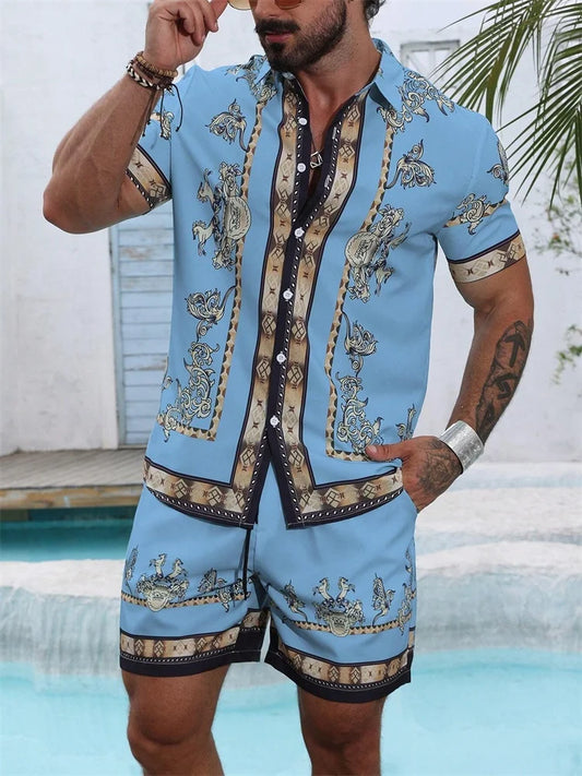 2025 Chemise à manches courtes pour hommes avec motif rétro imprimé bleu pour des vacances d'été décontractées, à la mode et quotidiennes