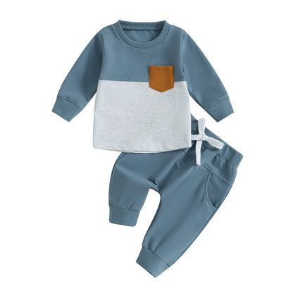 Survêtement d'hiver 2 pièces pour bébé, tenues pour garçons en bas âge, couleur contrastée, sweat-shirt à manches longues, hauts et pantalons longs, ensemble de vêtements pour tout-petits