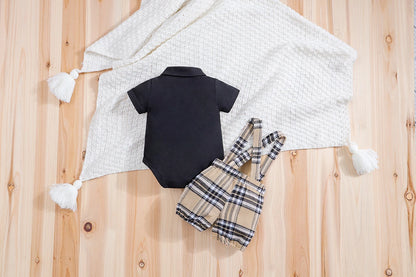 IURNXB – ensemble de vêtements pour bébé, 2 pièces, manches courtes, body ours à carreaux + pantalon à bretelles, tenues pour nouveau-né de 1 à 18 mois