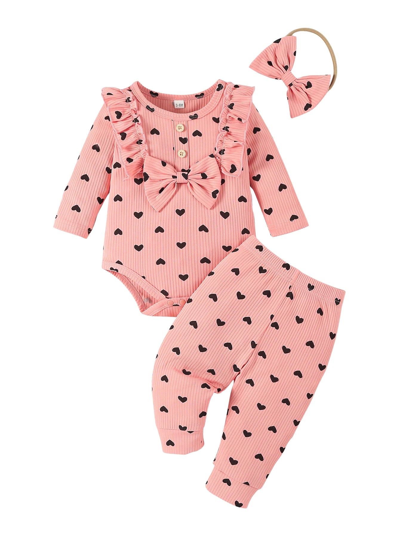 Kukitty – ensemble de vêtements 3 pièces pour nouveau-né fille, barboteuse à manches longues, imprimé cœur, haut et pantalon, bandeau, tenues en tricot