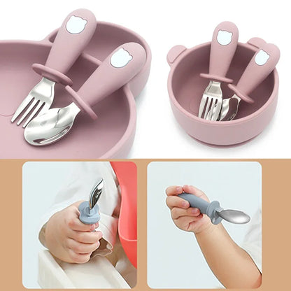 Ensemble de vaisselle de dessin animé pour bébé, ustensiles pour enfants en acier inoxydable, couverts de table pour tout-petits, dessin animé, cuillère d'alimentation pour nourrissons, fourchette