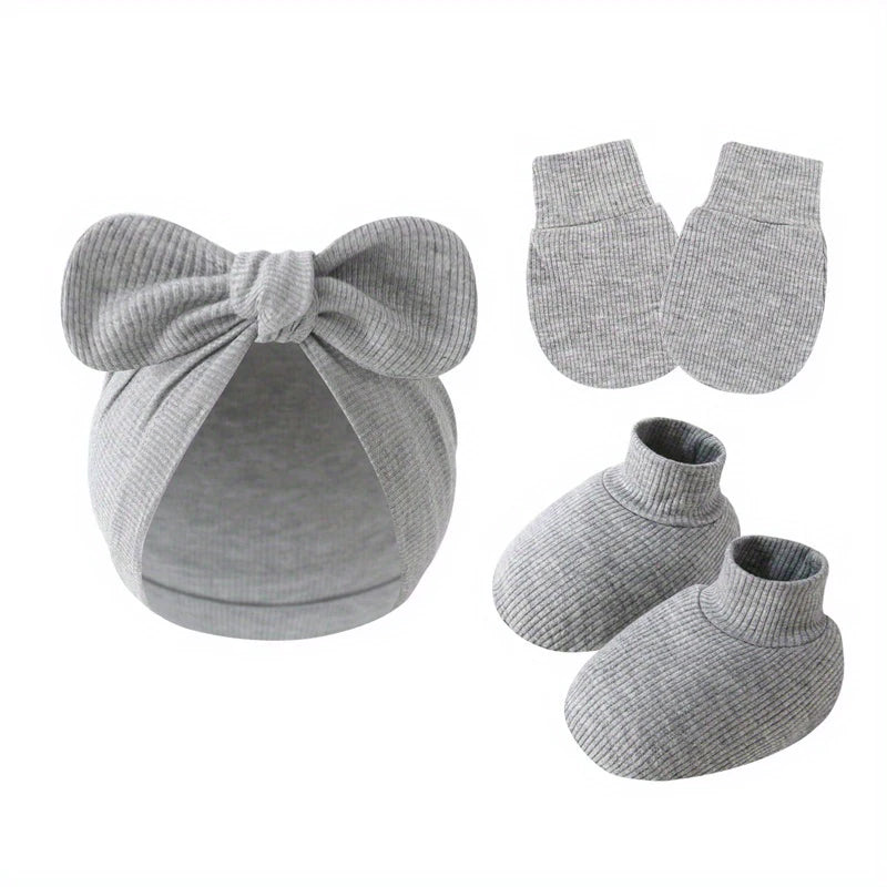 3 pièces/ensemble bébé nœud chapeau gants chaussettes coton nouveau-né Bonnet couleur unie Bonnet pour filles garçons infantile douche cadeaux 0-6M