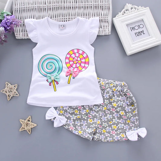 Nouveau bébé filles vêtements ensembles été enfants t-shirts hauts + pantalons courts vêtements costume enfant en bas âge fille sucette imprimé ensembles de vêtements pour bébés