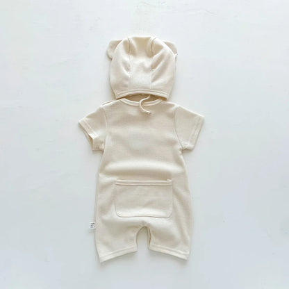 Combinaison d'été pour bébés filles et garçons, manches courtes, Patch gaufré, ours, nouveau-né, barboteuse en coton, chapeau cadeau avec oreille, nouvelle collection