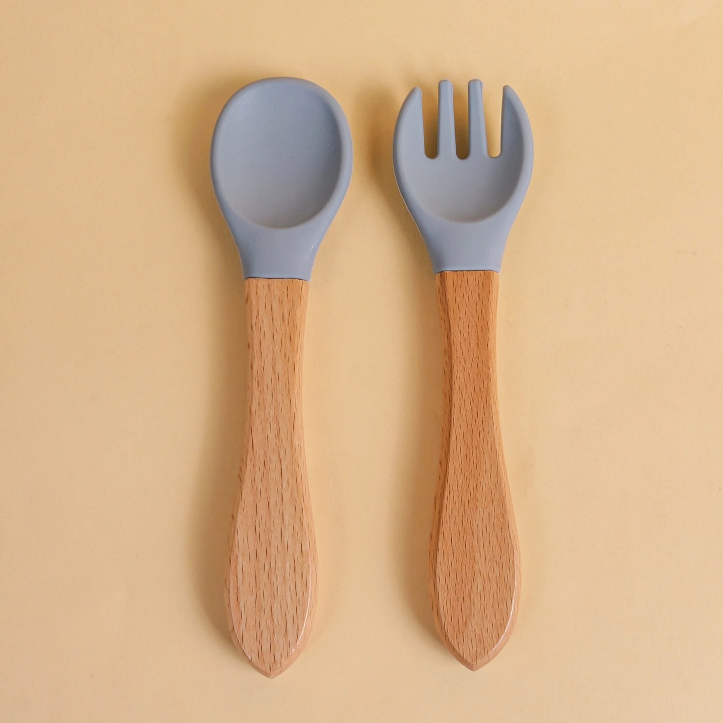 2 pièces/ensemble vaisselle bébé cuillère fourchette ensemble enfants Silicone bois alimentation formation bébé vaisselle couverts bébé alimentation fournitures