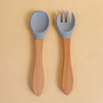 2 pièces/ensemble vaisselle bébé cuillère fourchette ensemble enfants Silicone bois alimentation formation bébé vaisselle couverts bébé alimentation fournitures