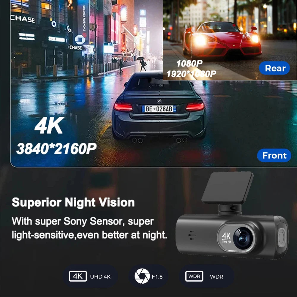 UHD 4K WiFi Dash Cam double objectif enregistreur de conduite voiture DVR en option 1080P caméra à objectif arrière GPS 24H surveillance du stationnement boîte noire