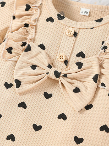 Kukitty – ensemble de vêtements 3 pièces pour nouveau-né fille, barboteuse à manches longues, imprimé cœur, haut et pantalon, bandeau, tenues en tricot