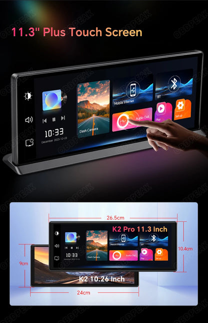 Caméra de tableau de bord sans fil pour voiture, K2 Pro, DVR 4K, Carplay, Android Auto, écran AI, enregistreur vidéo Len pour touristes, navigation GPS, tableau Prada, 11.3 pouces