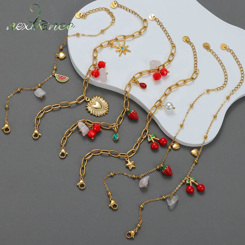 Nextvance été mode plaqué or Bracelets pour femme rouge fraise cerise pastèque breloques en acier inoxydable bijoux cadeaux