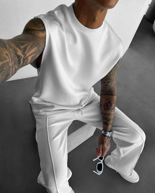Nouveau costume de sport sans manches d'été 2025 pantalon de couleur unie décontracté pour hommes vêtements pour hommes gilet ensemble deux pièces,