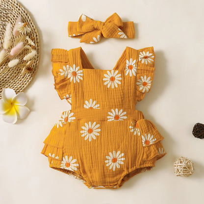 Barboteuse d'été pour nouveau-né fille de 0 à 18 mois, imprimé tournesol, sans manches, combinaison une pièce mignonne pour enfants
