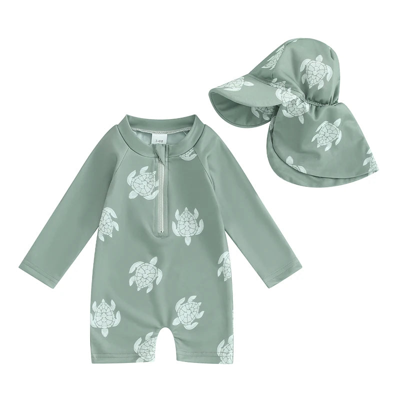 Tregren – maillot de bain pour garçons, protection contre les éruptions cutanées, manches longues, imprimé tortue/dinosaure, avec bonnets de bain, vêtements de plage