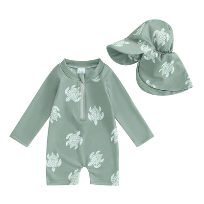 Tregren – maillot de bain pour garçons, protection contre les éruptions cutanées, manches longues, imprimé tortue/dinosaure, avec bonnets de bain, vêtements de plage