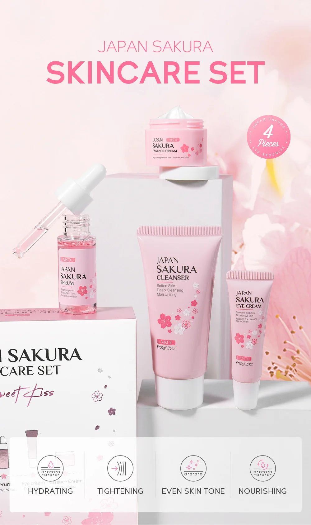 LAIKOU Sakura ensembles de soins de la peau nettoyant pour le visage crèmes pour les yeux crème pour le visage sérum Lotion Toner éclaircissant hydratant Kit de soins du visage