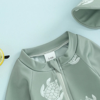 Tregren – maillot de bain pour garçons, protection contre les éruptions cutanées, manches longues, imprimé tortue/dinosaure, avec bonnets de bain, vêtements de plage