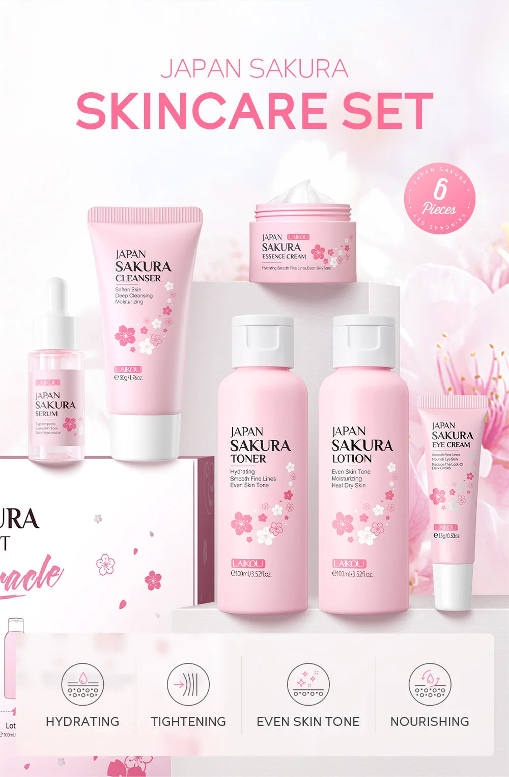 LAIKOU Sakura ensembles de soins de la peau nettoyant pour le visage crèmes pour les yeux crème pour le visage sérum Lotion Toner éclaircissant hydratant Kit de soins du visage