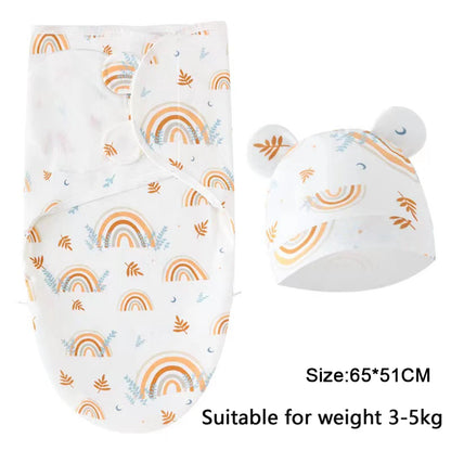 Ensemble de couverture et chapeau pour bébé de 0 à 6 mois, en coton imprimé de dessin animé, emmaillotage réglable pour nouveau-né, enveloppes de couchage pour nourrissons, toutes saisons