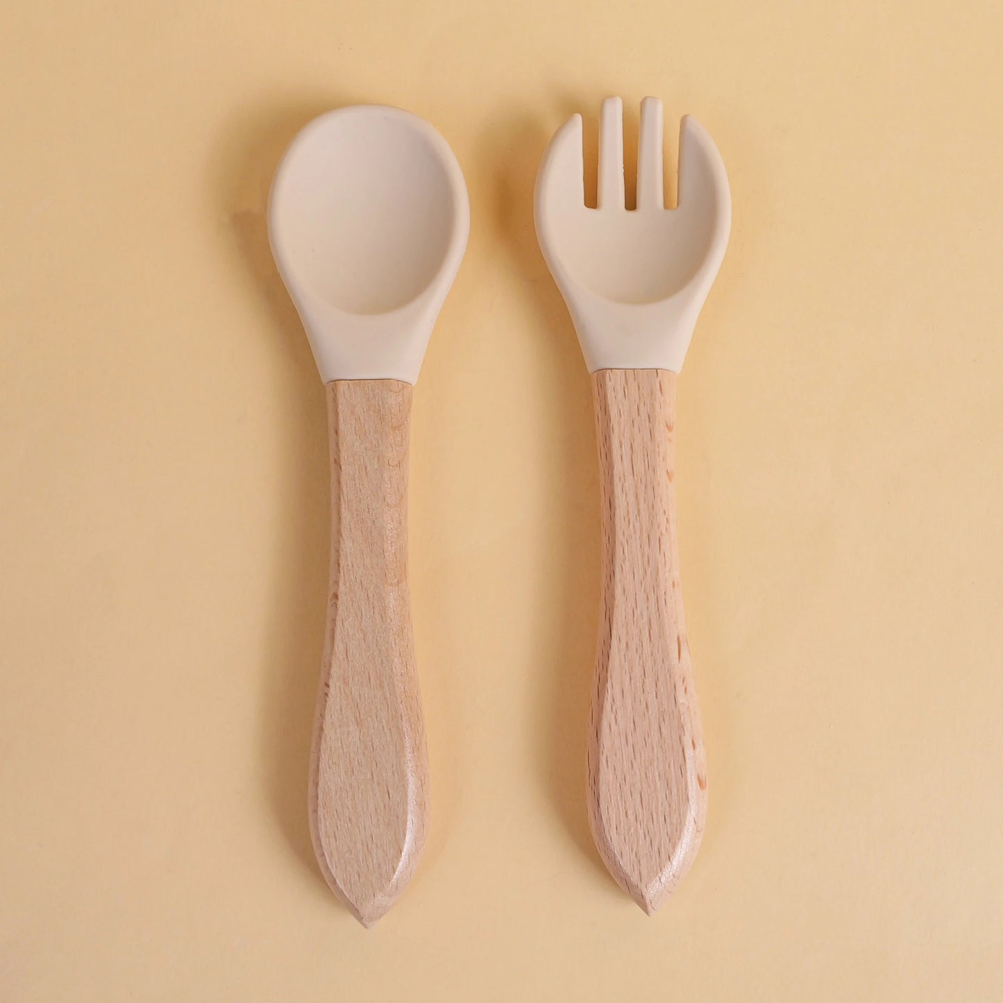 2 pièces/ensemble vaisselle bébé cuillère fourchette ensemble enfants Silicone bois alimentation formation bébé vaisselle couverts bébé alimentation fournitures