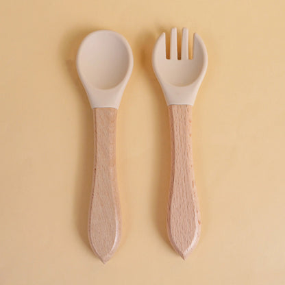 2 pièces/ensemble vaisselle bébé cuillère fourchette ensemble enfants Silicone bois alimentation formation bébé vaisselle couverts bébé alimentation fournitures